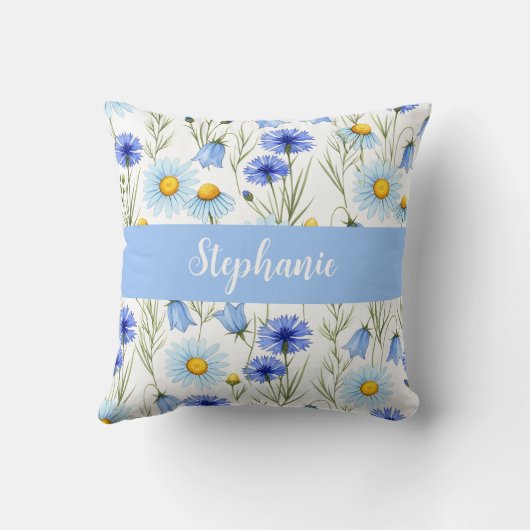 Blue Watercolor Wildflower Monogram Name クッション (裏面)