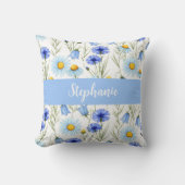 Blue Watercolor Wildflower Monogram Name クッション (正面)