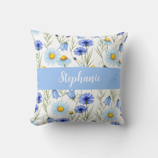 Blue Watercolor Wildflower Monogram Name クッション (正面)