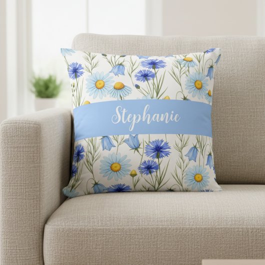 Blue Watercolor Wildflower Monogram Name クッション