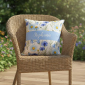 Blue Watercolor Wildflower Monogram Name クッション