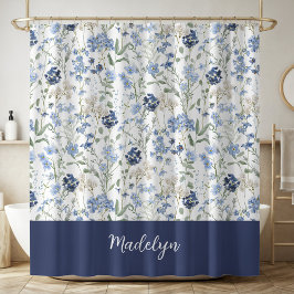 Blue Watercolor Wildflower Monogram Name シャワーカーテン