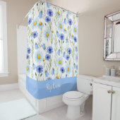 Blue Watercolor Wildflower Monogram Name シャワーカーテン (インサイチュ)