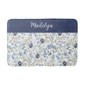 Blue Watercolor Wildflower Monogram Name バスマット (正面)