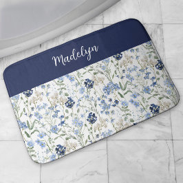 Blue Watercolor Wildflower Monogram Name バスマット