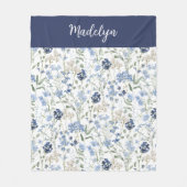 Blue Watercolor Wildflower Monogram Name フリースブランケット (正面)