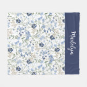 Blue Watercolor Wildflower Monogram Name フリースブランケット (正面(横))