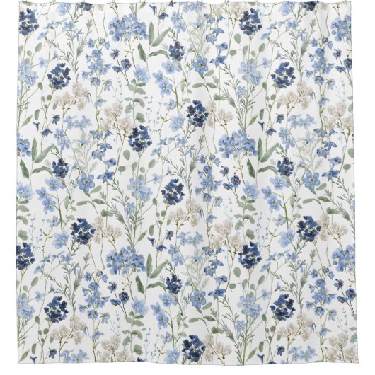 Blue Watercolor Wildflower Pattern シャワーカーテン (正面)