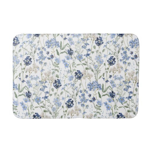 Blue Watercolor Wildflower Pattern バスマット (正面)