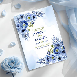 Blue Watercolor Wildflower Wedding Invitation Card 招待状