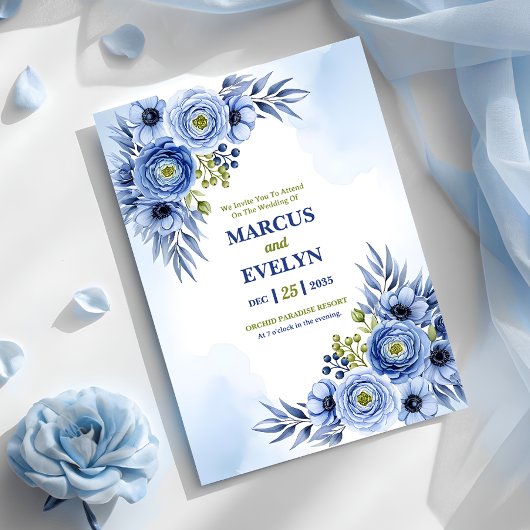 Blue Watercolor Wildflower Wedding Invitation Card 招待状