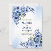Blue Watercolor Wildflower Wedding Invitation Card 招待状 (正面)