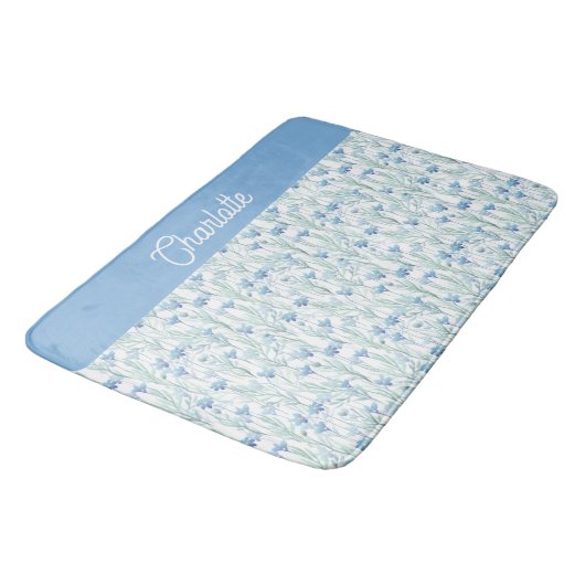 Blue watercolor wildflowers custom name バスマット (アングル)