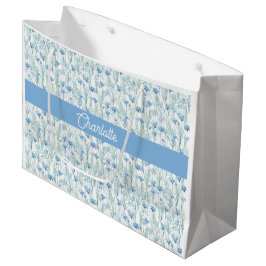 Blue watercolor wildflowers custom name ラージペーパーバッグ