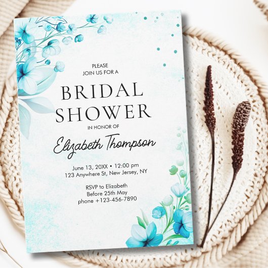 Blue Watercolor Wildflowers Modern Bridal Shower 招待状