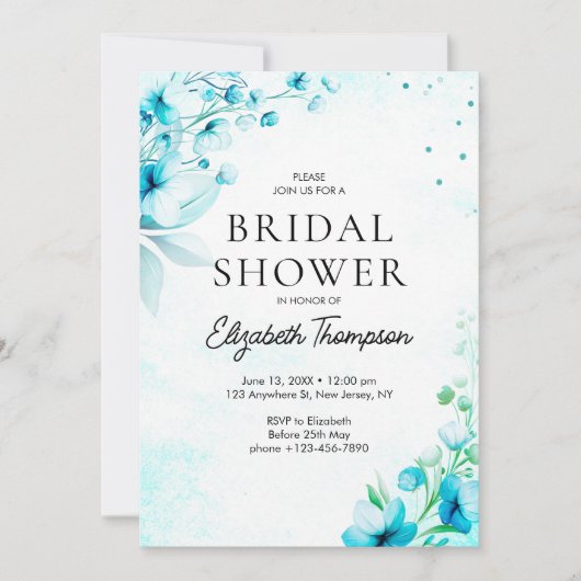 Blue Watercolor Wildflowers Modern Bridal Shower 招待状 (正面)