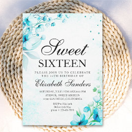  Blue Watercolor Wildflowers Modern Sweet Sixteen 招待状