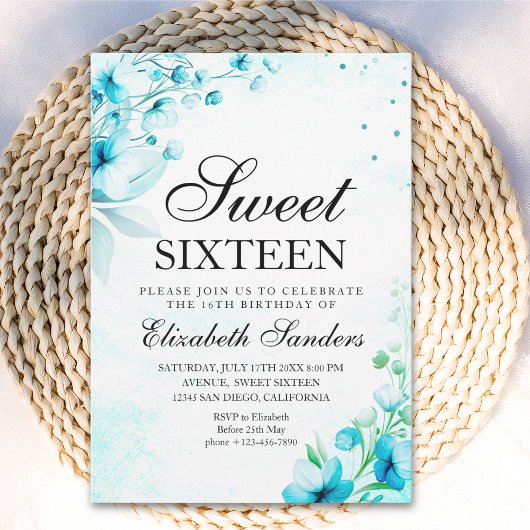  Blue Watercolor Wildflowers Modern Sweet Sixteen 招待状