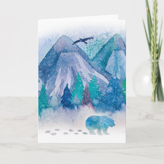 Blue Watercolor Winter Mountain Landscape Art カード (正面)