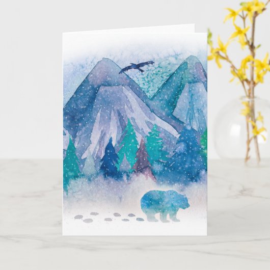 Blue Watercolor Winter Mountain Landscape Art カード (黄色い花)