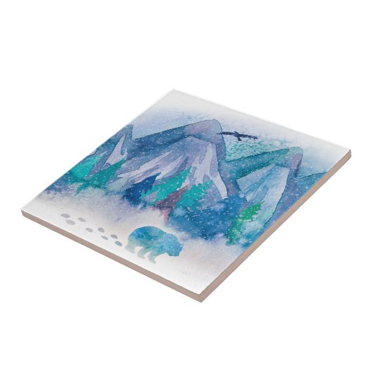 Blue Watercolor Winter Mountain Landscape Art タイル (側面)