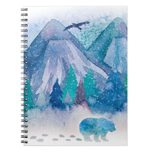 Blue Watercolor Winter Mountain Landscape Art ノートブック (正面)