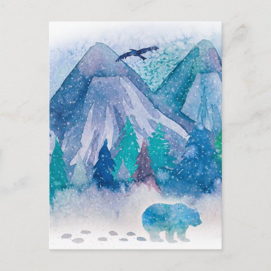 Blue Watercolor Winter Mountain Landscape Art ポストカード (正面)