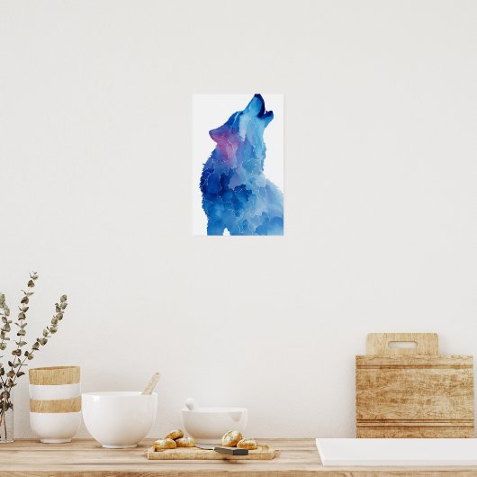 Blue watercolor wolf howling ポスター (キッチン)