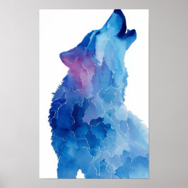 Blue watercolor wolf howling ポスター