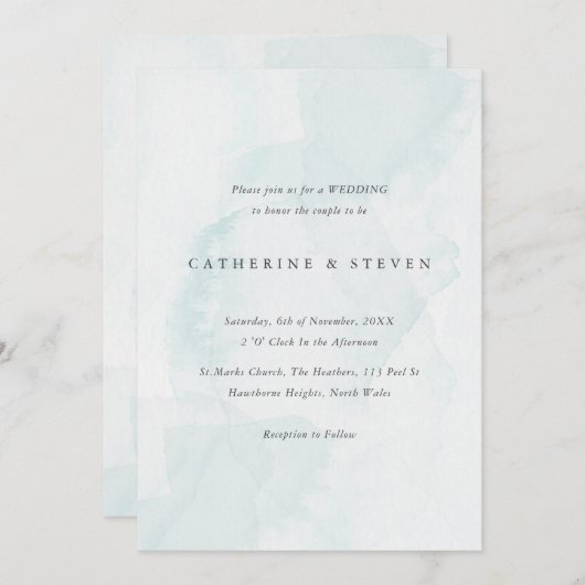 Blue Watercolour Beach Coastal Wedding 招待状 (正面/裏面)