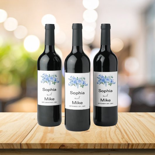 Blue Watercolour Floral and Butterflies Wedding  ワインラベル