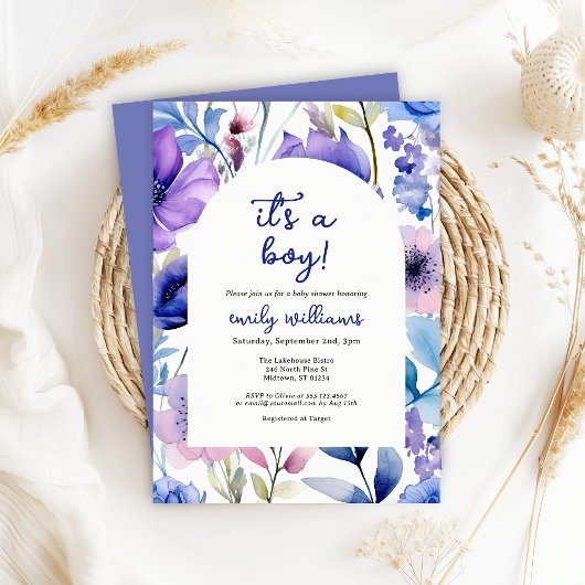 Blue Watercolour Wildflower Its a Boy Baby Shower 招待状