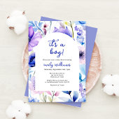 Blue Watercolour Wildflower Its a Boy Baby Shower 招待状