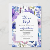 Blue Watercolour Wildflower Its a Boy Baby Shower 招待状 (正面)