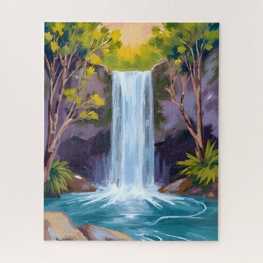 Blue Waterfall | Forest Landscape Nature Painting ジグソーパズル (縦)