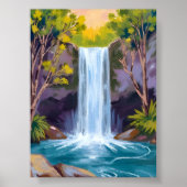 Blue Waterfall | Forest Landscape Nature Painting ポスター (正面)
