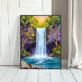 Blue Waterfall | Forest Landscape Nature Painting ポスター