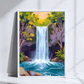 Blue Waterfall | Forest Landscape Nature Painting ポスター