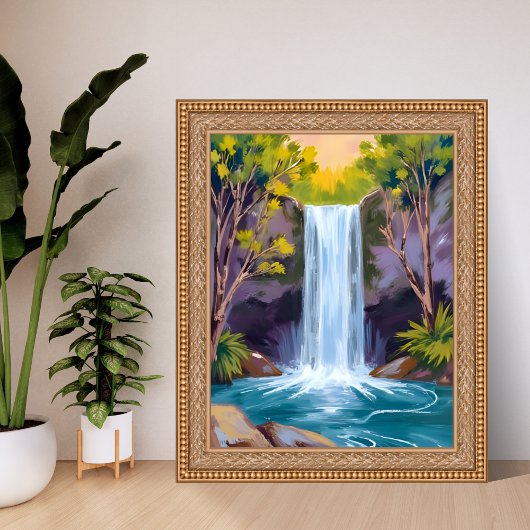 Blue Waterfall | Forest Landscape Nature Painting ポスター