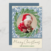 Blue Wave Evergreen Frame One Photo Christmas シーズンカード (正面/裏面)
