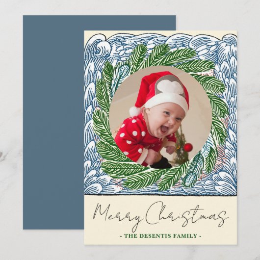 Blue Wave Evergreen Frame One Photo Christmas シーズンカード (正面/裏面)