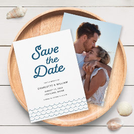 Blue Waves with Your Photo Save the Date Card セーブザデート
