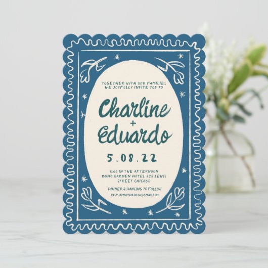 Blue Wavy モダン Handwriting結婚's 招待状 (スタンド正面)