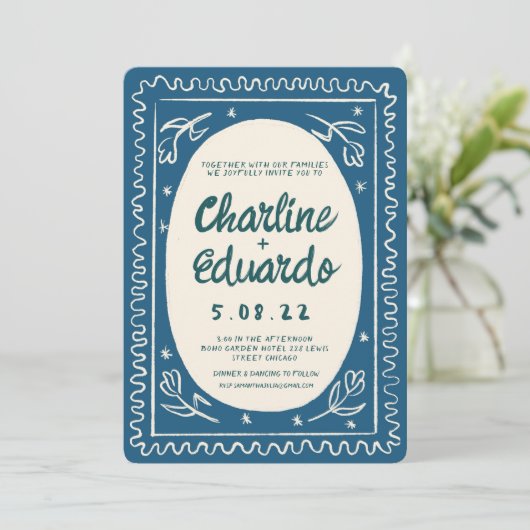 Blue Wavy モダン Handwriting結婚's 招待状 (スタンド正面)