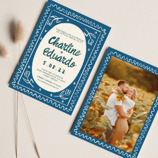 Blue Wavy モダン Handwriting結婚's 招待状