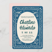 Blue Wavy モダン Handwriting結婚's 招待状 (正面/裏面)