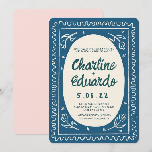 Blue Wavy モダン Handwriting結婚's 招待状 (正面/裏面)