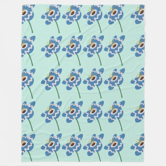 Blue wavy flower pattern フリースブランケット (正面)