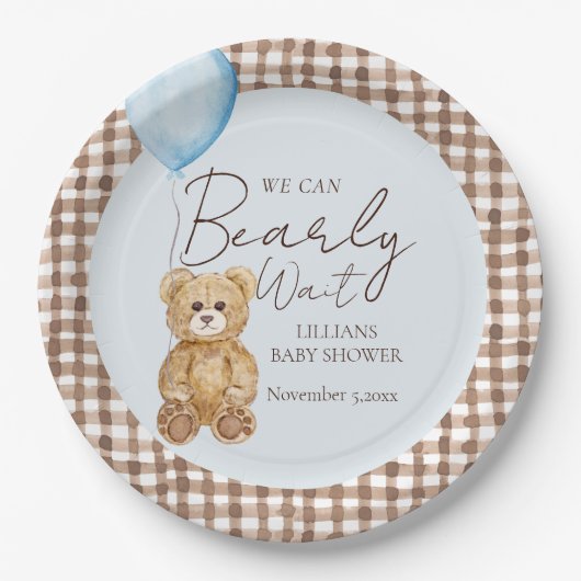 Blue We Can Bearly Wait Boy Baby Shower ペーパープレート (正面)