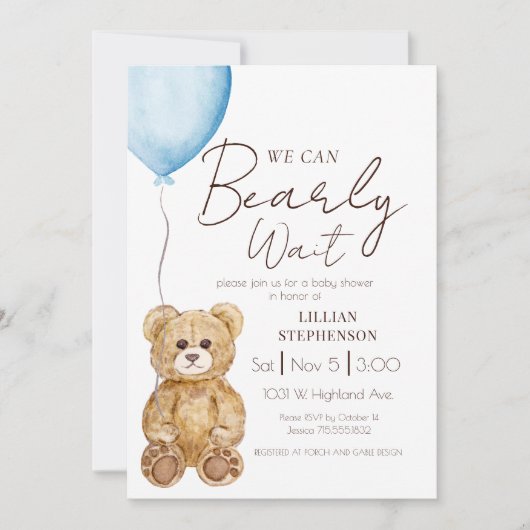 Blue We Can Bearly Wait Boy Baby Shower 招待状 (正面)